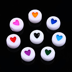 Mixed Color Opaque Acrylic Beads, with Enamel, Flat Round with Heart, Mixed Color, 7x3.5mm, Hole: 1.2mm