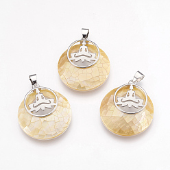 Other Sea Shell Natural Yellow Shell Pendants, with Platinum Tone Brass Findings, Flat Round with Buddha, 32x28x7mm, Hole: 4x5mm