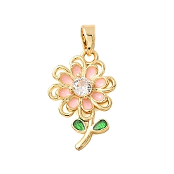 Golden Brass Micro Pave Cubic Zirconia Pendants, with Rhinestone & Enamel, Flower Charms, Colorful, Golden, 19.5x12x3mm, Hole: 4x2.3mm