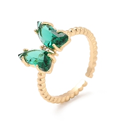 Emerald K9 Glass Butterfly Open Cuff Ring, Light Gold Brass Jewelry for Women, Emerald, US Size 5 1/2(16.1mm)