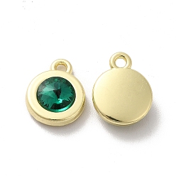 Green Alloy Pendant, with Glass, Light Gold, Lead Free & Cadmium Free, Falt Round Charm, Green, 12.5x10x4mm, Hole: 1.5mm