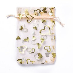 Pêche Pochettes à bijoux en organza avec cordon de serrage, sacs-cadeaux de fête de mariage, rectangle avec motif coeur estampé or, peachpuff, 15x10x0.11 cm