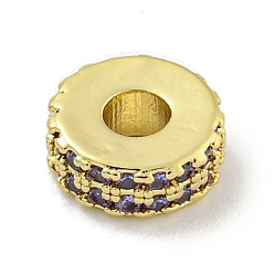 Фиолетовый Обшивка стойки латунь с циркониевыми бусинами, долговечный, без свинца и без кадмия, плоско-круглые, реальный 18 k позолоченный, фиолетовые, 8x3 мм, отверстие : 2.5 мм