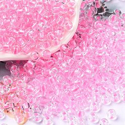 Hot Pink 6/0 Luminous Glass Seed Beads, Glow in the Dark Round Beads, Inside Colours Round, Hot Pink, 4x3mm, Hole: 1.2mm, about 6925pcs/pound