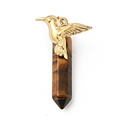 Tiger Eye Bird Natural Tiger Eye Pointed Pendants, with Ion Plating(IP) Platinum & Golden Tone 304 Stainless Steel Findings, Faceted Bullet Charm, 40.5mm, Bird: 19.5x25.5x2.5mm, Bullet: 33.5x8.5x8mm, Hole: 3.4mm