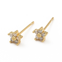 Clear Cubic Zirconia Flower Stud Earrings, Real 18K Gold Plated Brass Jewelry for Women, Cadmium Free & Lead Free, Clear, 15x5x5mm, Pin: 0.7mm
