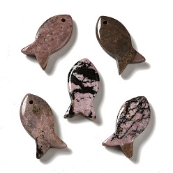 Rhodonite Natural Rhodonite Pendants, Fish Charms, 39x20x7~7.5mm, Hole: 2.3mm