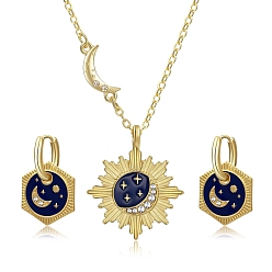 Golden Brass Hoop Earring & Pendant Necklaces Sets for Women, with Enamel Sun & Moon, Golden, 15-3/4 inch(40cm)