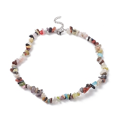 Mixed Stone Mixed Gemstone Chips Beads Necklaces, with 304 Stainless Steel Chain Extender, 0.20~0.51 inch(0.5~1.3cm), 15.24''(38.7cm)