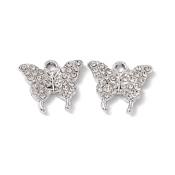 Crystal Alloy Rhinestone Pendants, Butterfly Charm, Platinum, Crystal, 15x17x2mm, Hole: 2mm