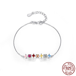 Platinum Rhodium Plated 925 Sterling Silver Rectangle Link Bracelet, with Colorful Cubic Zirconia, with S925 Stamp, Platinum, 6-3/4 inch(17cm)