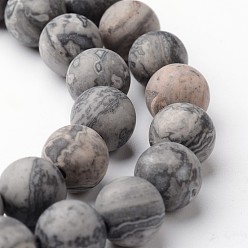 Map Stone Frosted Round Natural Map Stone/Picasso Stone/Picasso Jasper Bead Strands, 8mm, hole: 1mm, about 47~48pcs/strand, 15 inch