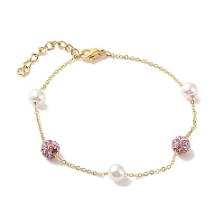 Pink 6mm Round Polymer Clay Rhinestone & Imitation Pearl Link Bracelets, 304 Stainless Steel Cable Chain Bracelets for Women, Real 24K Gold Plated, Pink, 7-1/8 inch(18cm), Bead: 6mm