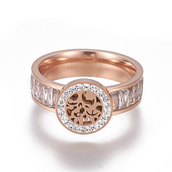 Rose Gold 304 Stainless Steel Finger Rings, with Polymer Clay Rhinestone and Cubic Zirconia, Flat Round, Rose Gold, Size 6~9, 16~19mm