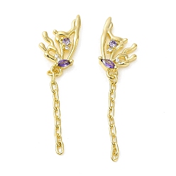 Real 18K Gold Plated Purple Cubic Zirconia Butterfly Dangle Stud Earring, Brass Tassel Drop Earrings for Women, Cadmium Free & Nickel Free & Lead Free, Real 18K Gold Plated, 42mm, Pin: 0.7mm