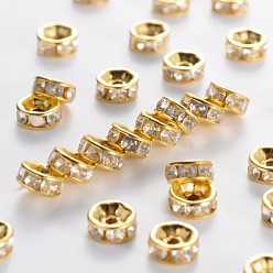 Golden Iron Rhinestone Spacer Beads, Grade B, Rondelle, Straight Edge, Clear, Golden, 7~8x3.5mm, Hole: 2mm
