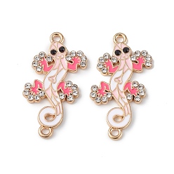 Pink Alloy Enamel Connector Charms, Lizard Links with Crystal Rhinestone, Light Gold, Cadmium Free & Nickel Free & Lead Free, Pink, 30x16x2mm, Hole: 1.6mm
