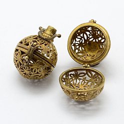 Raw(Unplated) Brass Hollow Cage Pendants, Round with Butterfly, Raw(Unplated), 26x20x24mm, Hole: 5x7mm, inner size: 15mm
