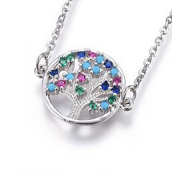 Stainless Steel Color 304 Stainless Steel Pendant Necklaces, with Cubic Zirconia, Colorful, Flat Round with Life Tree, Stainless Steel Color, 17.71 inch(45cm)