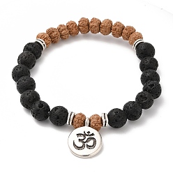 Lava Rock Yoga Theme Lava Rock Bodhi Wood Beads Stretch Charm Bracelets, with Tibetan Style Alloy Findings, Lotus, 50mm, about 22pcs/strand