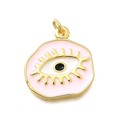 Лавандовый румянец Латунь эмаль подвески, с целью перехода в кольце, без свинца и без кадмия, реальный 18 k позолоченный, плоский круглый с шармом в виде глаз, лавандовый румянец, 19.5x18.5x2 мм, отверстие : 3.3 мм