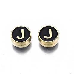 Letter J Alloy Enamel Beads, Cadmium Free & Lead Free, Light Gold, Flat Round with Alphabet, Black, Letter.J, 8x4mm, Hole: 1.5mm