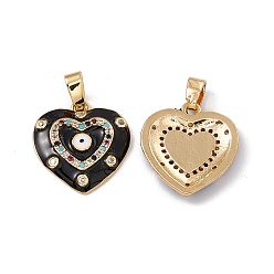 Black Brass Enamel Pendants, Micro Pave Cubic Zirconia, with Glass Rhinestone, Real 18K Gold Plated, Heart with Evi Eye Charm, Black, 17.5x16x2.5mm, Hole: 5x2mm