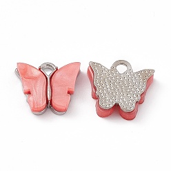 Coral Acrylic Charms, with Platinum Tone Alloy Finding, Butterfly Charm, Coral, 13x14x3mm, Hole: 2mm