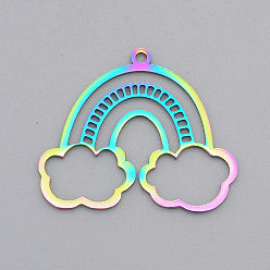 Rainbow Color Ion Plating(IP) 201 Stainless Steel Pendants, Laser Cut, Rainbow with Cloud, Rainbow Color, 24.5x30x1mm, Hole: 1.6mm