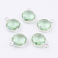 Pale Green Silver Color Plated Brass Glass Flat Round Charms, Faceted, Pale Green, 12x8.5x3mm, Hole: 1.5mm