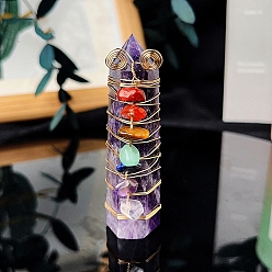 Amethyst Wire Wrapped Tower Natural Amethyst Healing Stone Wands, with Natural Gemstone Chip, for Reiki Chakra Meditation Therapy Decos, Hexagon Prism, 65~70mm