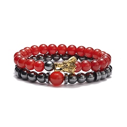 Carnelian 2Pcs 2 Style Natural Red Agate Carnelian(Dyed & Heated) & Synthetic Hematite Stretch Bracelets Set with Alloy Dragon, Gemstone Jewelry for Women, Inner Diameter: 2-1/4 inch(5.8cm), 2-1/2 inch(6.3cm), 1Pc/style