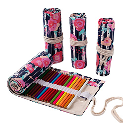 Flower Pattern Handmade Canvas Pencil Roll Wrap, 36 Holes Roll Up Pencil Case for Coloring Pencil Holder, Rose Pattern, 45~46x19~20x0.3cm
