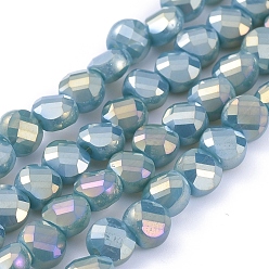 Sky Blue Electroplate Glass Beads Strands, Faceted, Flat Round, Full Rainbow Plated, Sky Blue, 6x4mm, Hole: 1.2mm, about 100pcs/Strand, 23.23 inch(59cm)