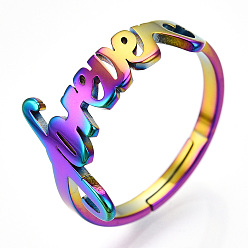 Rainbow Color Ion Plating(IP) 304 Stainless Steel Heart with Word Forever Adjustable Ring, Wide Band Ring for Women, Rainbow Color, US Size 6 1/2(16.9mm)