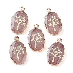 Strawberry Quartz Natural Strawberry Quartz Oval Pendants, Golden Plated Brass Oval Charms with Tree, 22~22.5x13~13.5x4.5mm, Hole: 1.6~1.8mm