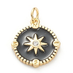 Black Brass Micro Pave Cubic Zirconia Pendants, with Enamel, Long-Lasting Plated, Real 18K Gold Plated, Flat Round with Sun, Black, 17x15x2mm, Hole: 3.5mm
