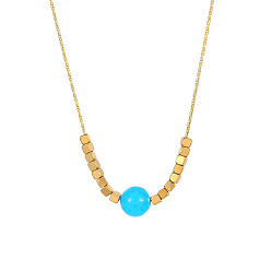 Cyan Stainless Steel Pendant Necklace for Women, Round & Cube, Golden, Cyan, 15-3/4 inch(40cm)