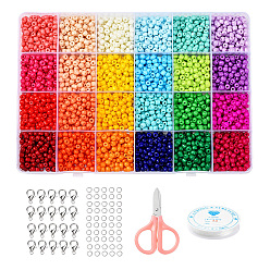 Mixed Color DIY Jewelry Making Kits, Including 2400~2880pcs 24 Color 6/0 Baking Paint Glass Seed Beads, Zinc Alloy Lobster Claw Clasps, Iron Open Jump Rings, Elastic Crystal Thread and Stainless Steel Scissors, Mixed Color, 4x3mm, Hole: 1.2mm, 100~120pcs/color