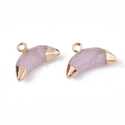 Rose Quartz Electroplate Natural Rose Quartz Charms, with Iron Findings, Faceted, Moon, Golden, 12~13x18~19x5mm, Hole: 1.8mm