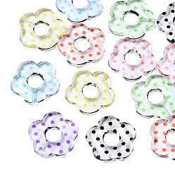 Mixed Color Transparent Acrylic Pendants, Flower with Polka Dot Pattern, Mixed Color, 26x27x4.5mm, Hole: 1.2mm