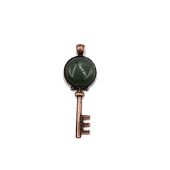 Green Aventurine Natural Green Aventurine Big Pendants, Red Copper Plated Alloy Key Charms, 62x22mm