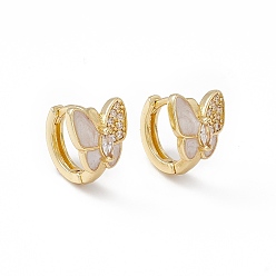 White Clear Cubic Zirconia Butterfly Hoop Earrings with Enamel, Real 18K Gold Plated Brass Jewelry for Women, Lead Free & Cadmium Free, White, 11.5x13x10mm, Pin: 1mm