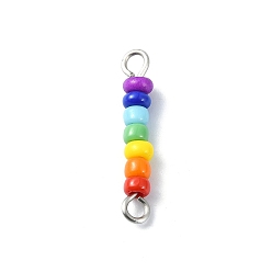 Platinum Chakra Glass Seed Beaded Connector Charms, Colorful Rondelle Glass Links with 304 Stainless Steel Double Loops, Platinum, 21~22x3.5mm, Hole: 1.8~2mm