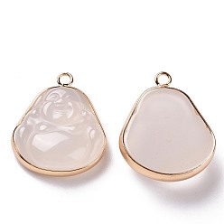 Белый Природные подвески агат, с легкой позолоченной латунной фурнитурой, окрашенная и подогревом, очарование будды, белые, 27.5~29x22.5~23x6.5~9 мм, отверстие : 2.5 мм