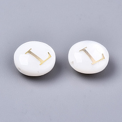 Letter L Natural Freshwater Shell Beads, with Golden Plated Brass Etched Metal Embellishments, Flat Round, Seashell Color, Letter.L, 8x3~5mm, Hole: 0.5~07mm