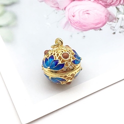 Blue Brass Enamel Hollow Bead Cage Pendants, Round with Flower Charm, for Chime Ball Pendant Necklaces Making, Blue, 18x15mm