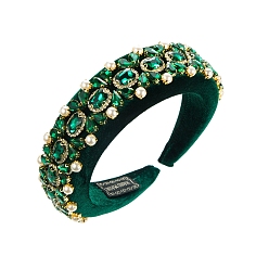 Green Baroque Full Glass Rhinestones & Pearl Cloth Hair Bands, Wide Hair Accessories for Women Girls, Green, 150x125x40mm