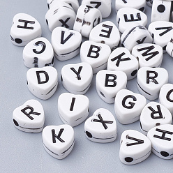 Black Craft Style Acrylic Beads, Horizontal Hole, Heart with Initial Letter, Black, 7x7.5x4mm, Hole: 1.6mm, about 3500pcs/500g