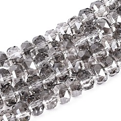Светло-серый Гальванизируйте прозрачное стекло бисер нитей, рондель, граненые, светло-серый, 7.5~8x4.5~5.5 мм, отверстие : 1.2~1.4 мм, около 34~37 шт / нитка, 7.09~7.28 дюйм (18~18.5 см)